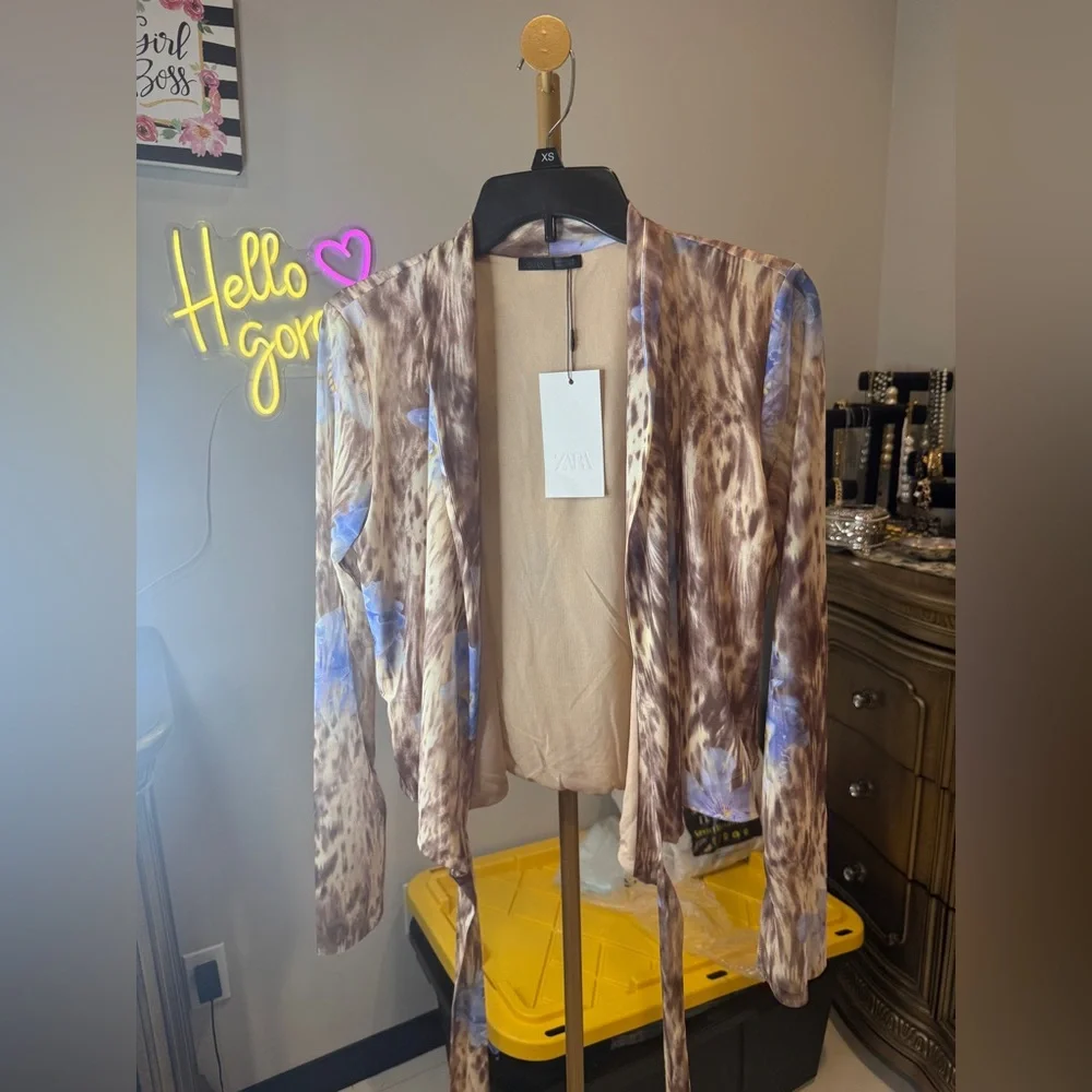 Zara Brown Animal Print Wrap around Blouse with Blue Floral Details - Picture 2 of 16